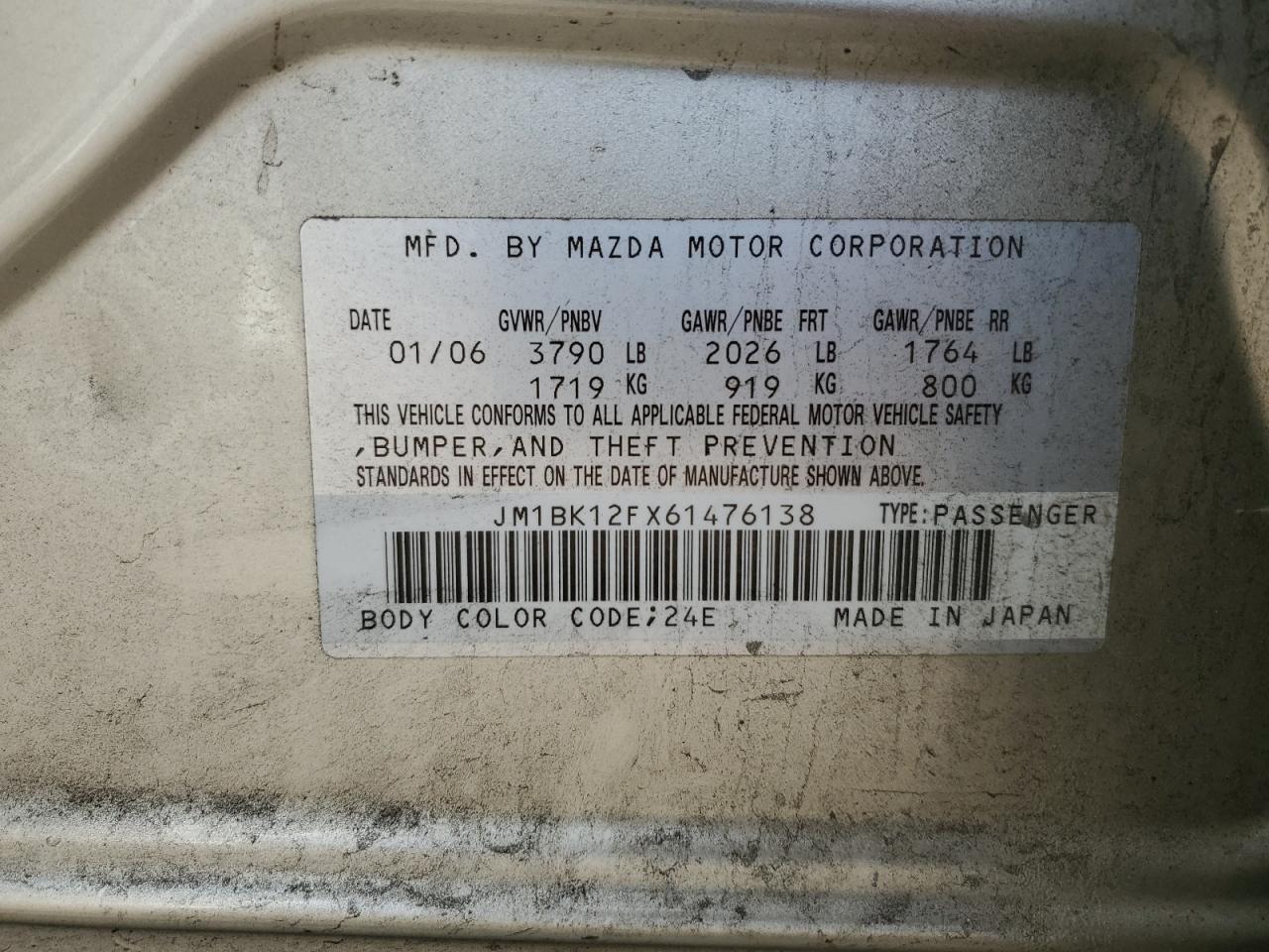 JM1BK12FX61476138 2006 Mazda 3 I