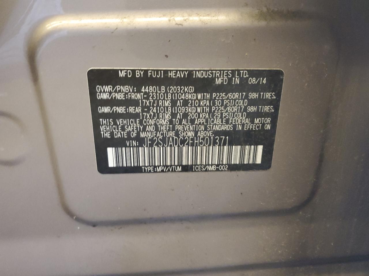 JF2SJADC2FH501371 2015 Subaru Forester 2.5I Premium