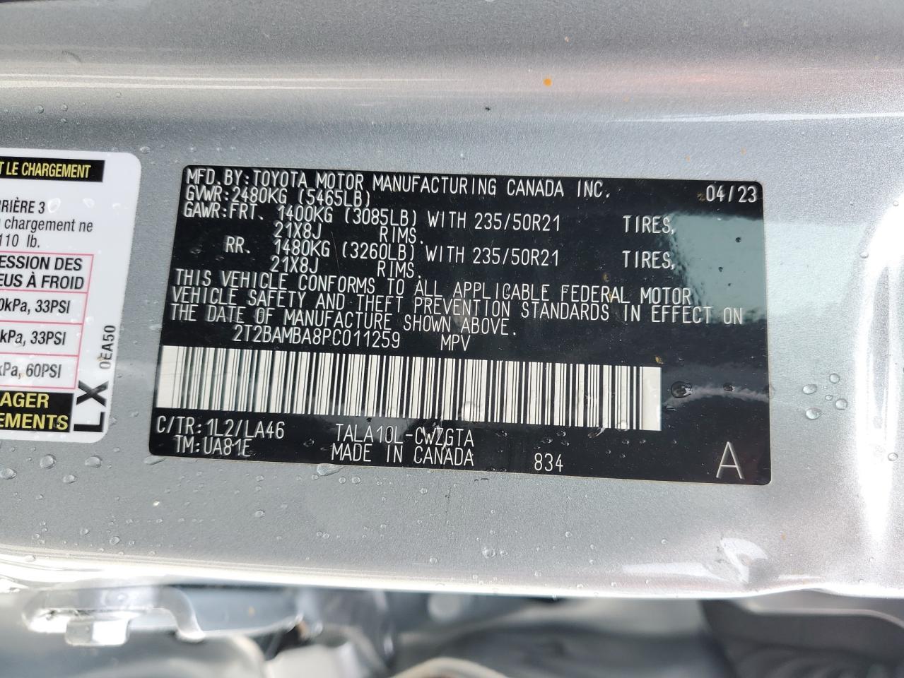 2T2BAMBA8PC011259 2023 Lexus Rx 350 Base