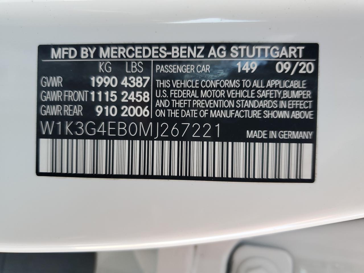 W1K3G4EB0MJ267221 2021 Mercedes-Benz A 220