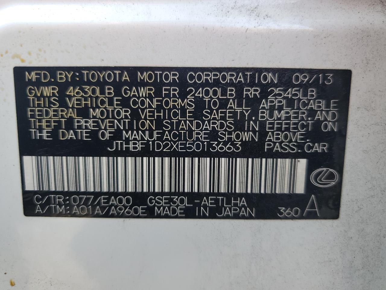 JTHBF1D2XE5013663 2014 Lexus Is 250