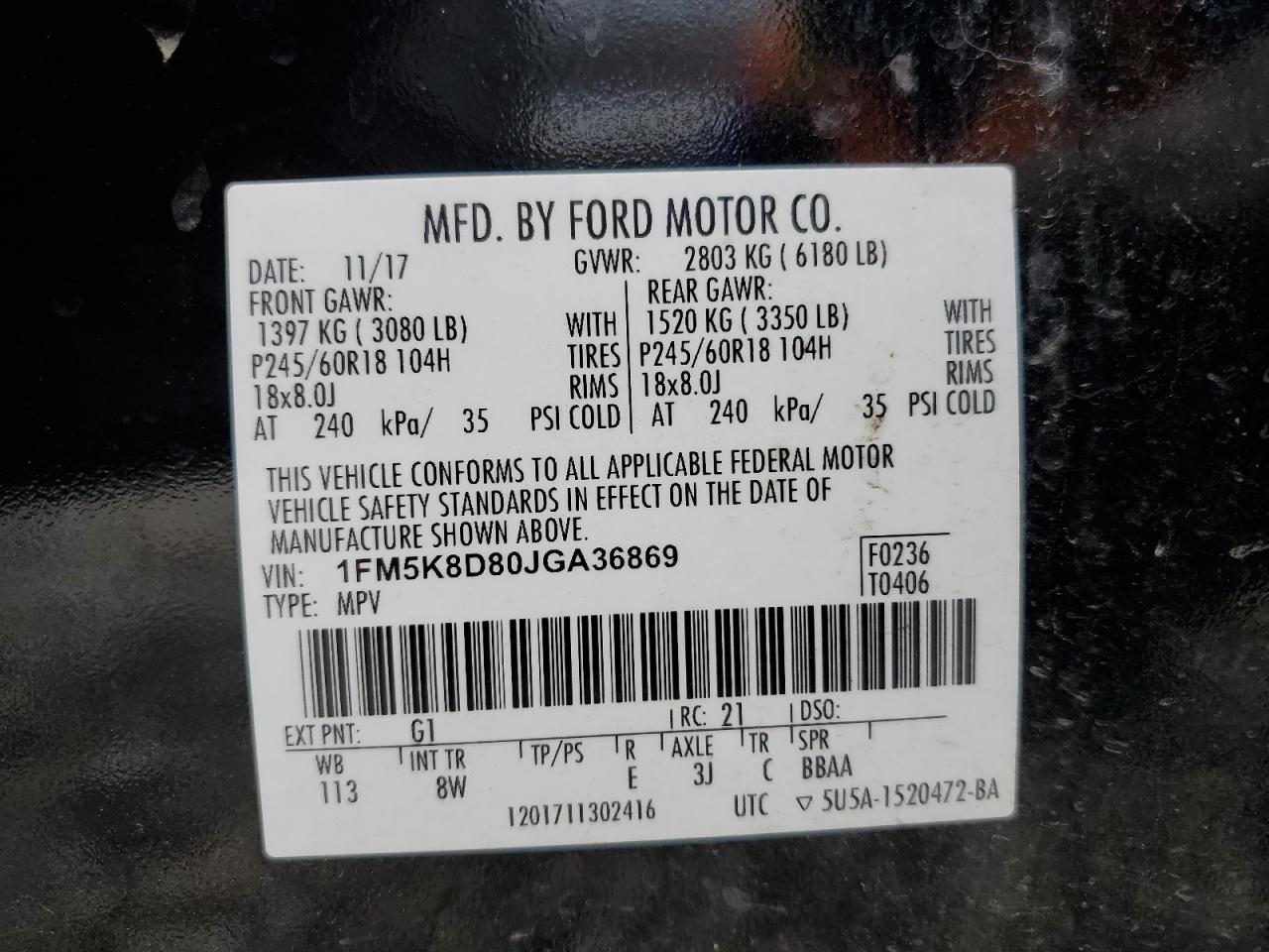 1FM5K8D80JGA36869 2018 Ford Explorer Xlt