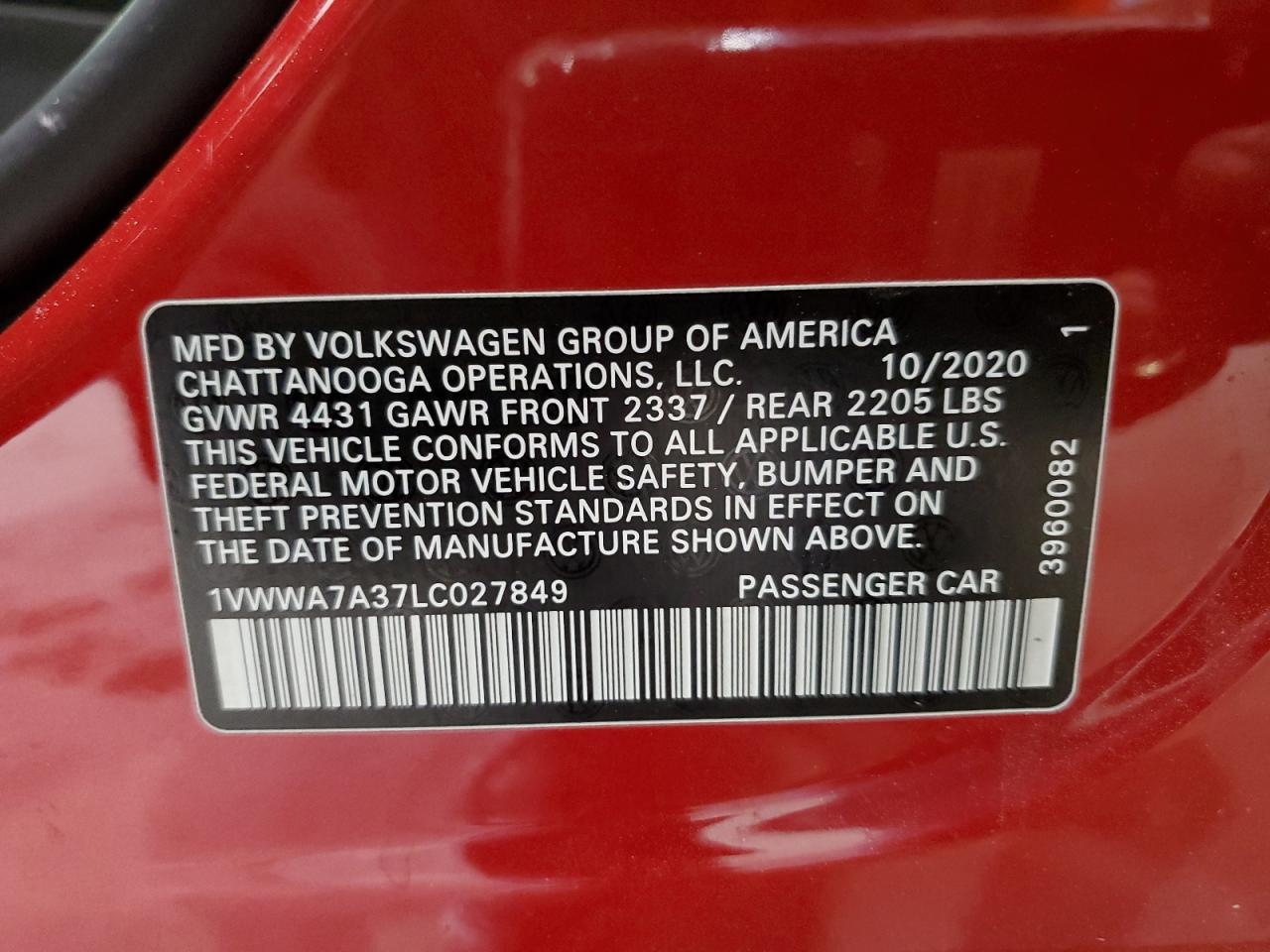 1VWWA7A37LC027849 2020 Volkswagen Passat Se