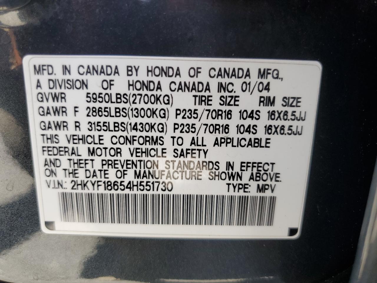 2HKYF18654H551730 2004 Honda Pilot Exl