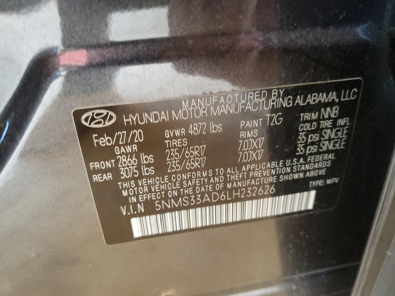 5NMS33AD6LH232626 2020 Hyundai Santa Fe Sel