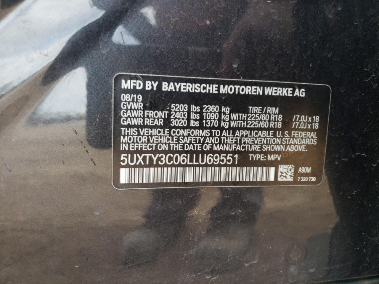 5UXTY3C06LLU69551 2020 BMW X3 Sdrive30I