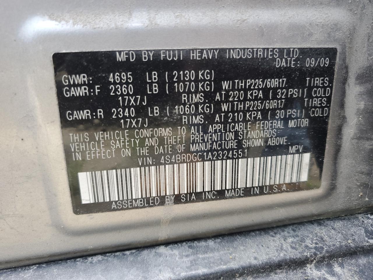 4S4BRDGC1A2324551 2010 Subaru Outback 3.6R Premium