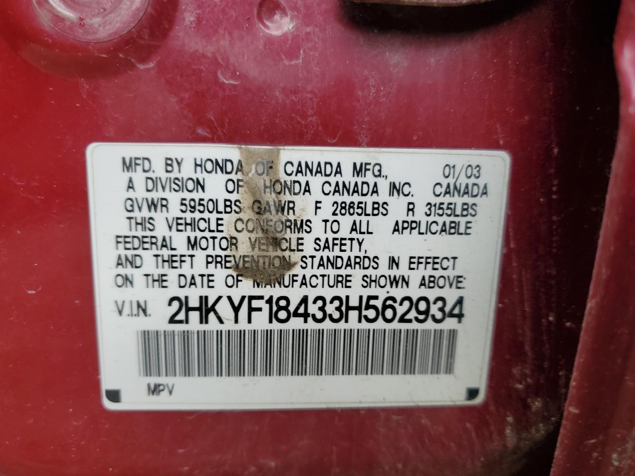 2HKYF18433H562934 2003 Honda Pilot Ex