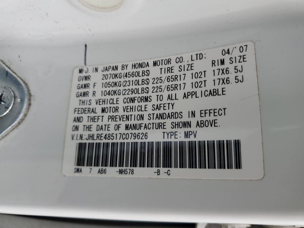 JHLRE48517C079626 2007 Honda Cr-V Ex