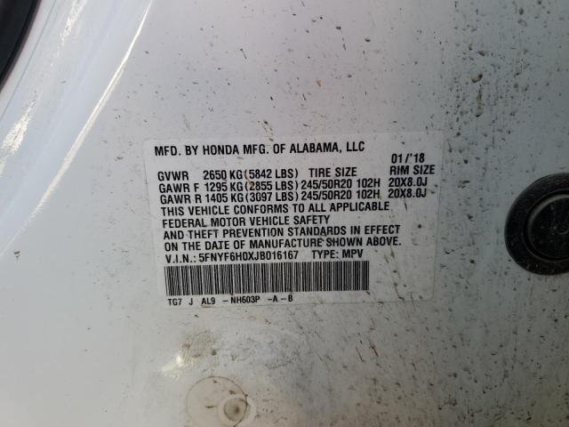 2018 Honda Pilot Elite VIN: 5FNYF6H0XJB016167 Lot: 57353844