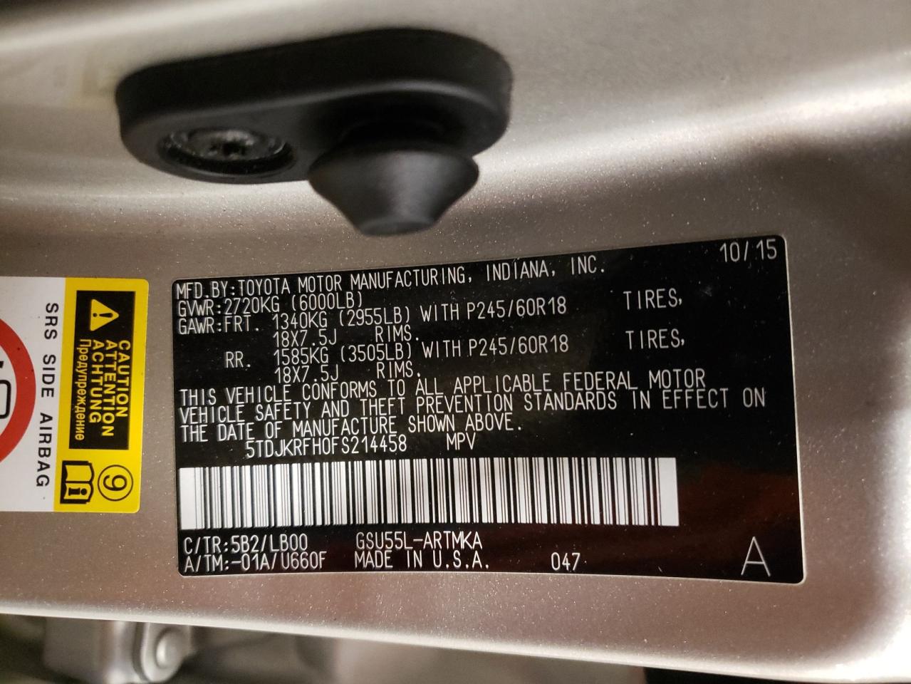 5TDJKRFH0FS214458 2015 Toyota Highlander Xle