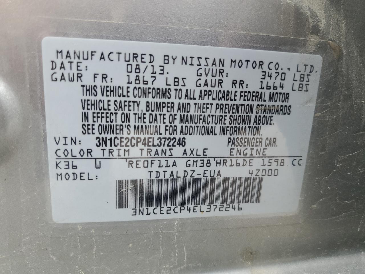 3N1CE2CP4EL372246 2014 Nissan Versa Note S