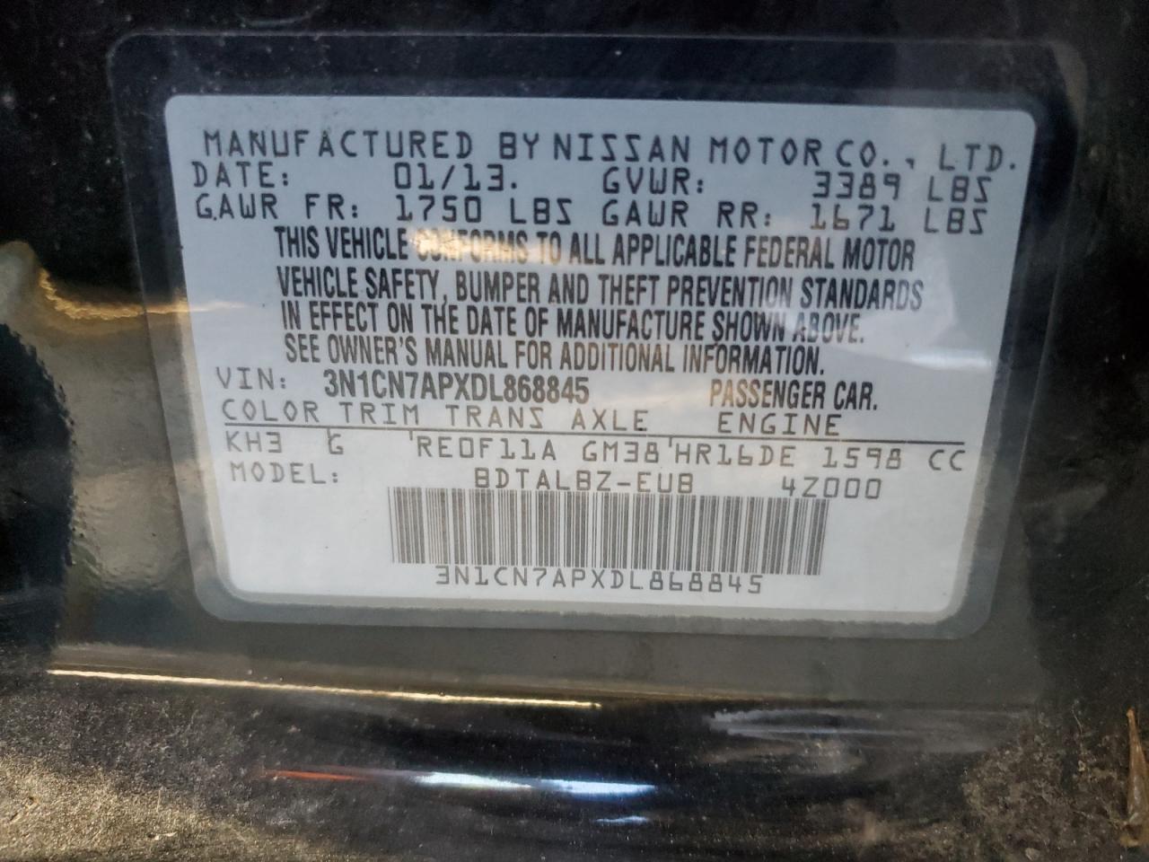 3N1CN7APXDL868845 2013 Nissan Versa S