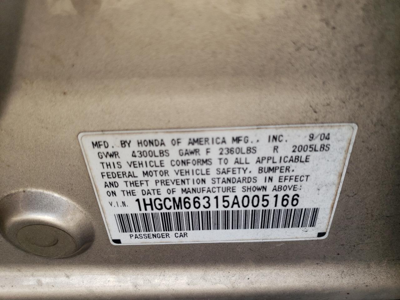 1HGCM66315A005166 2005 Honda Accord Lx
