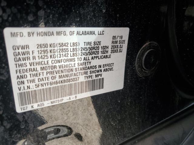 2019 Honda Pilot Touring VIN: 5FNYF6H64KB085037 Lot: 58342944