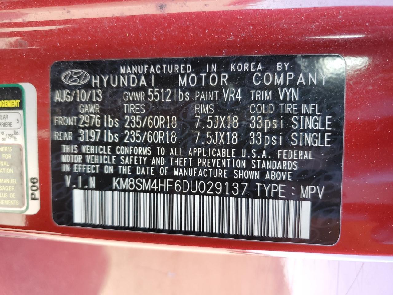 KM8SM4HF6DU029137 2013 Hyundai Santa Fe Gls