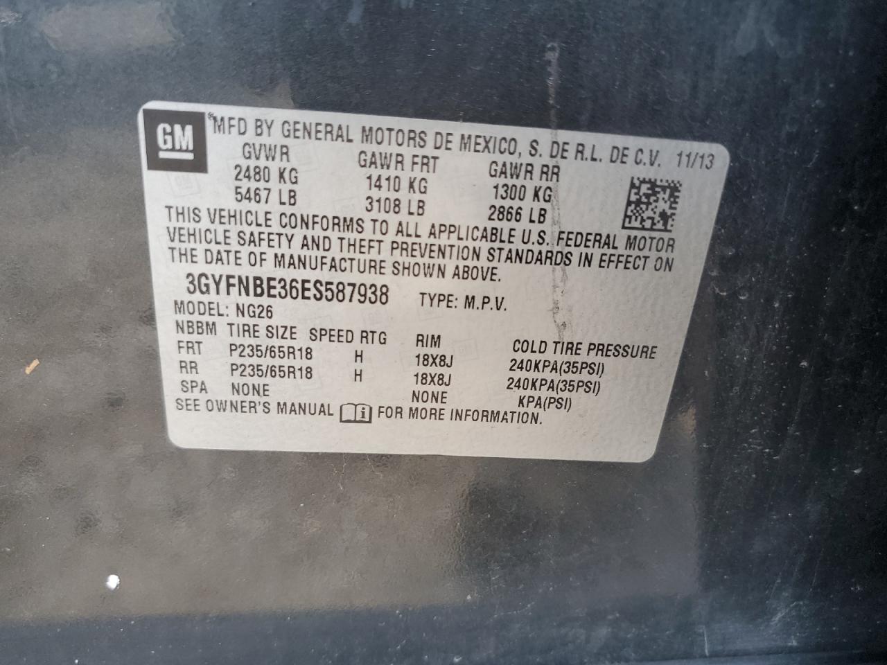 3GYFNBE36ES587938 2014 Cadillac Srx Luxury Collection