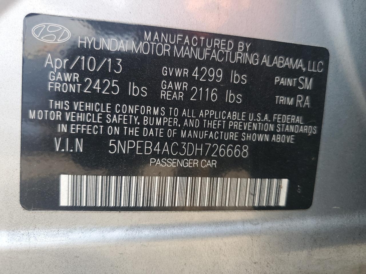 5NPEB4AC3DH726668 2013 Hyundai Sonata Gls