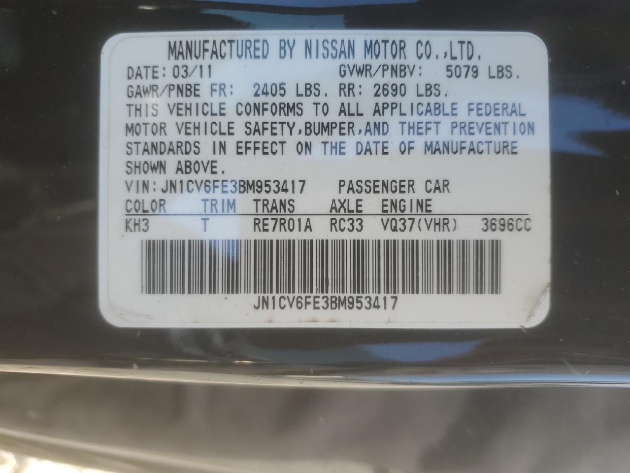 JN1CV6FE3BM953417 2011 Infiniti G37 Base