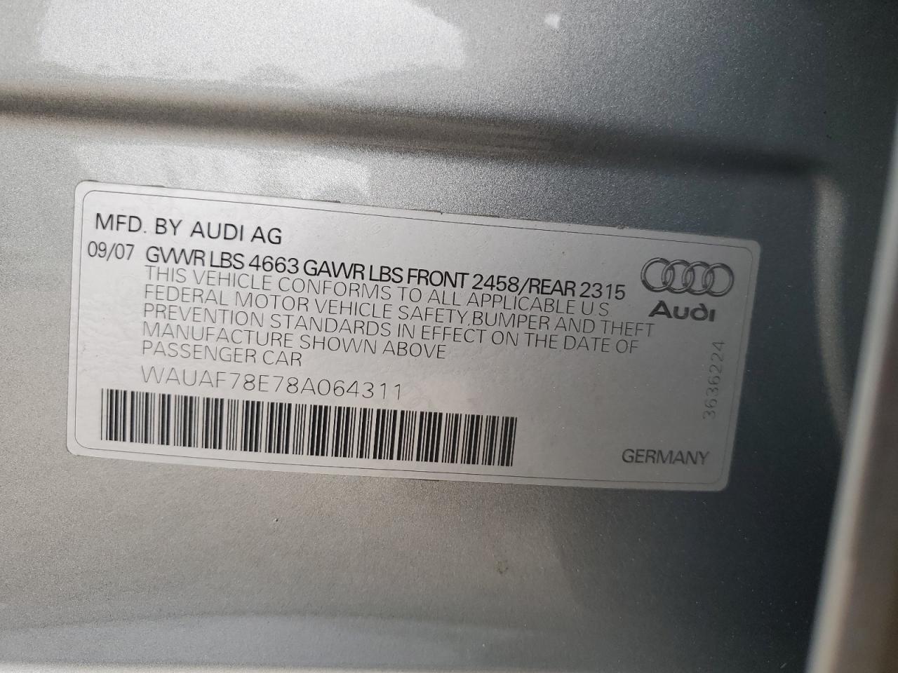 WAUAF78E78A064311 2008 Audi A4 2.0T