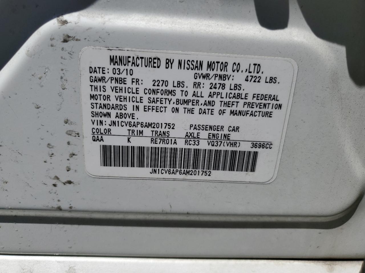 JN1CV6AP6AM201752 2010 Infiniti G37 Base