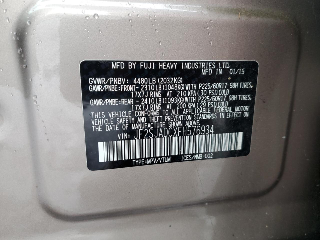 JF2SJADCXFH576934 2015 Subaru Forester 2.5I Premium