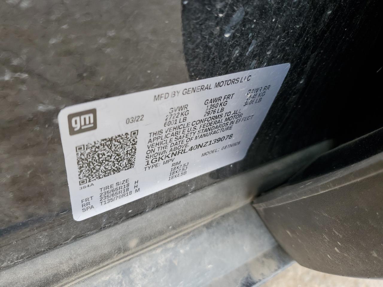 1GKKNRL40NZ139078 2022 GMC Acadia Sle