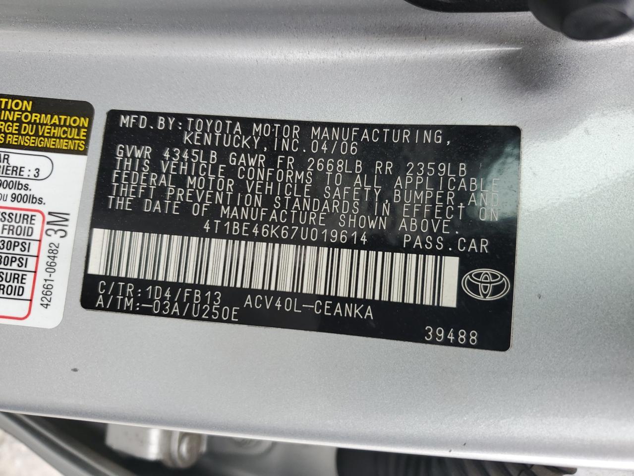 4T1BE46K67U019614 2007 Toyota Camry Ce