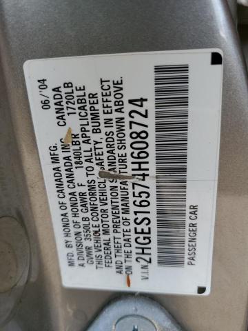 2004 Honda Civic Lx VIN: 2HGES16574H608724 Lot: 60137254