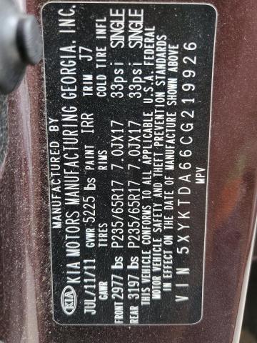 2012 Kia Sorento Base VIN: 5XYKTDA66CG219926 Lot: 59707934