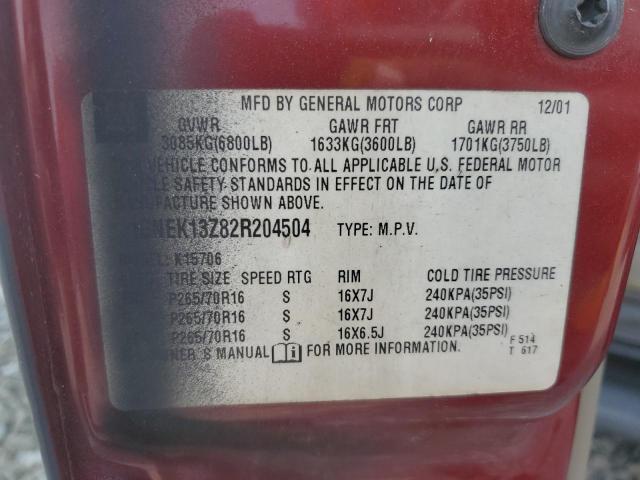 2002 Chevrolet Tahoe K1500 VIN: 1GNEK13Z82R204504 Lot: 58471314