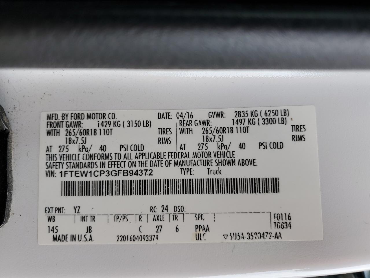 1FTEW1CP3GFB94372 2016 Ford F150 Supercrew