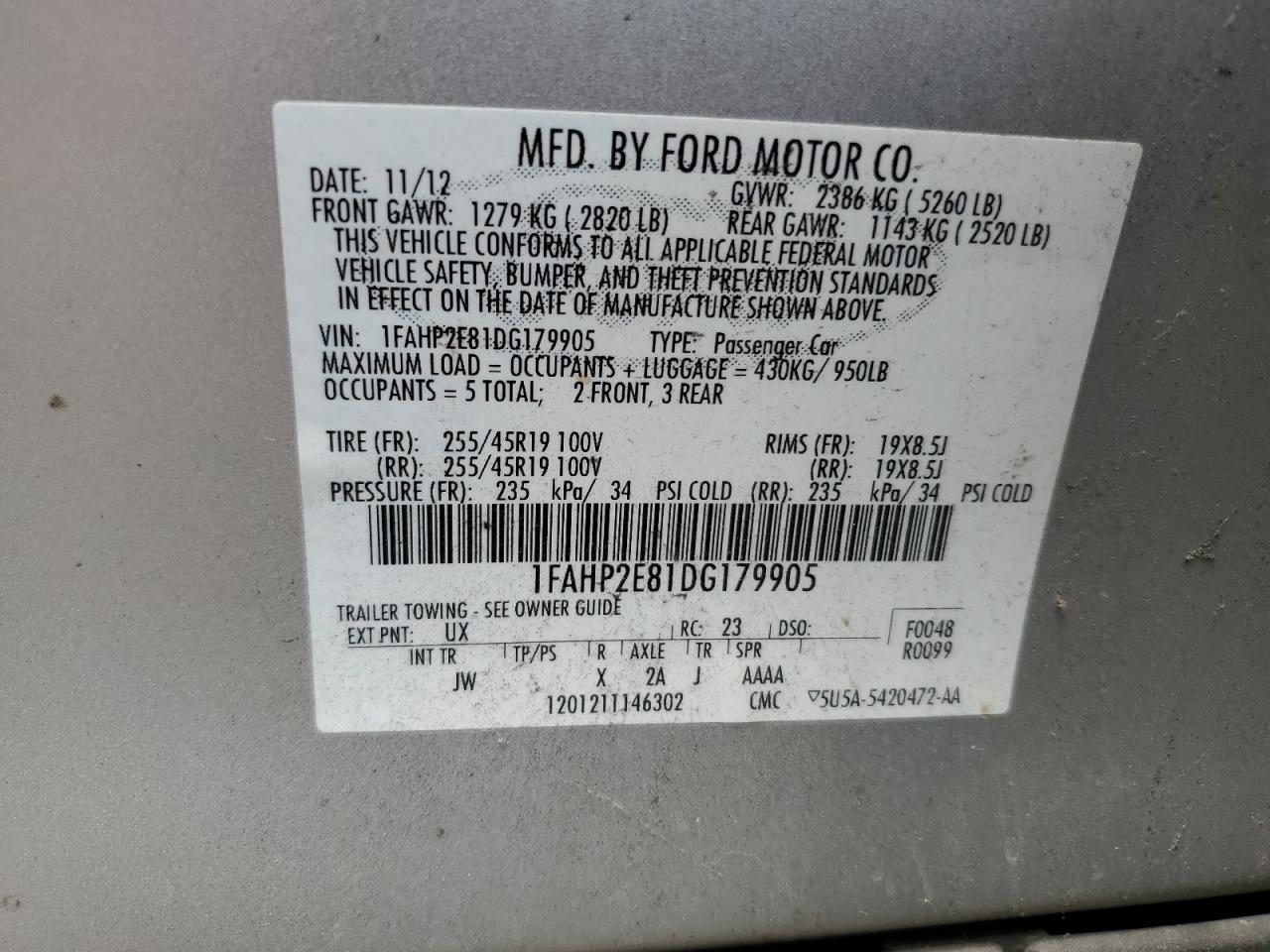 1FAHP2E81DG179905 2013 Ford Taurus Sel