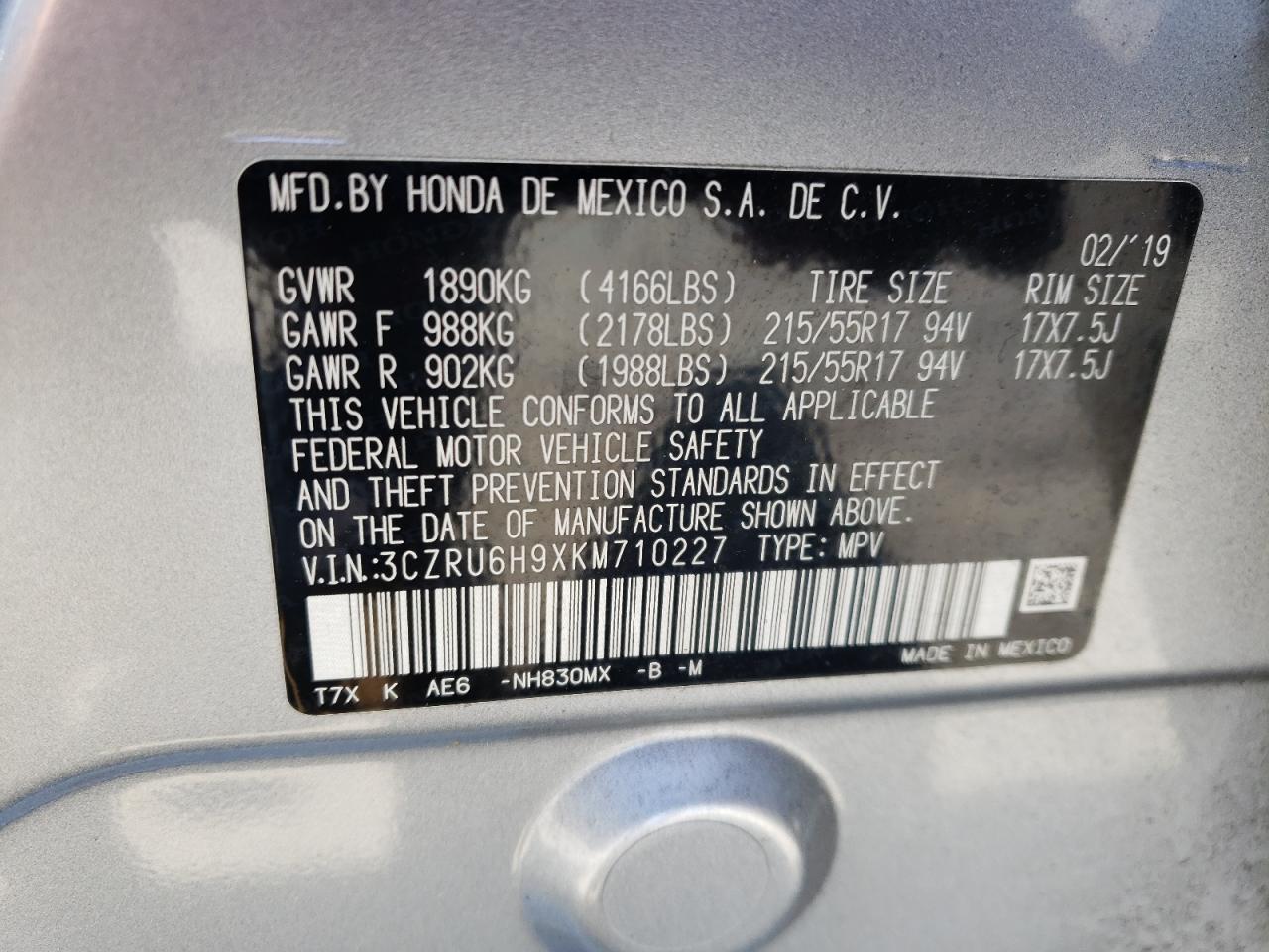 3CZRU6H9XKM710227 2019 Honda Hr-V Touring