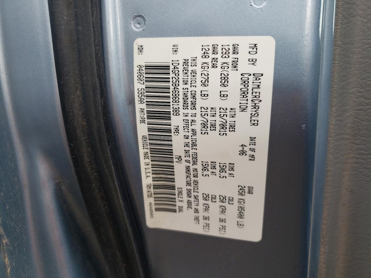 1D4GP25B46B681389 2006 Dodge Caravan Se