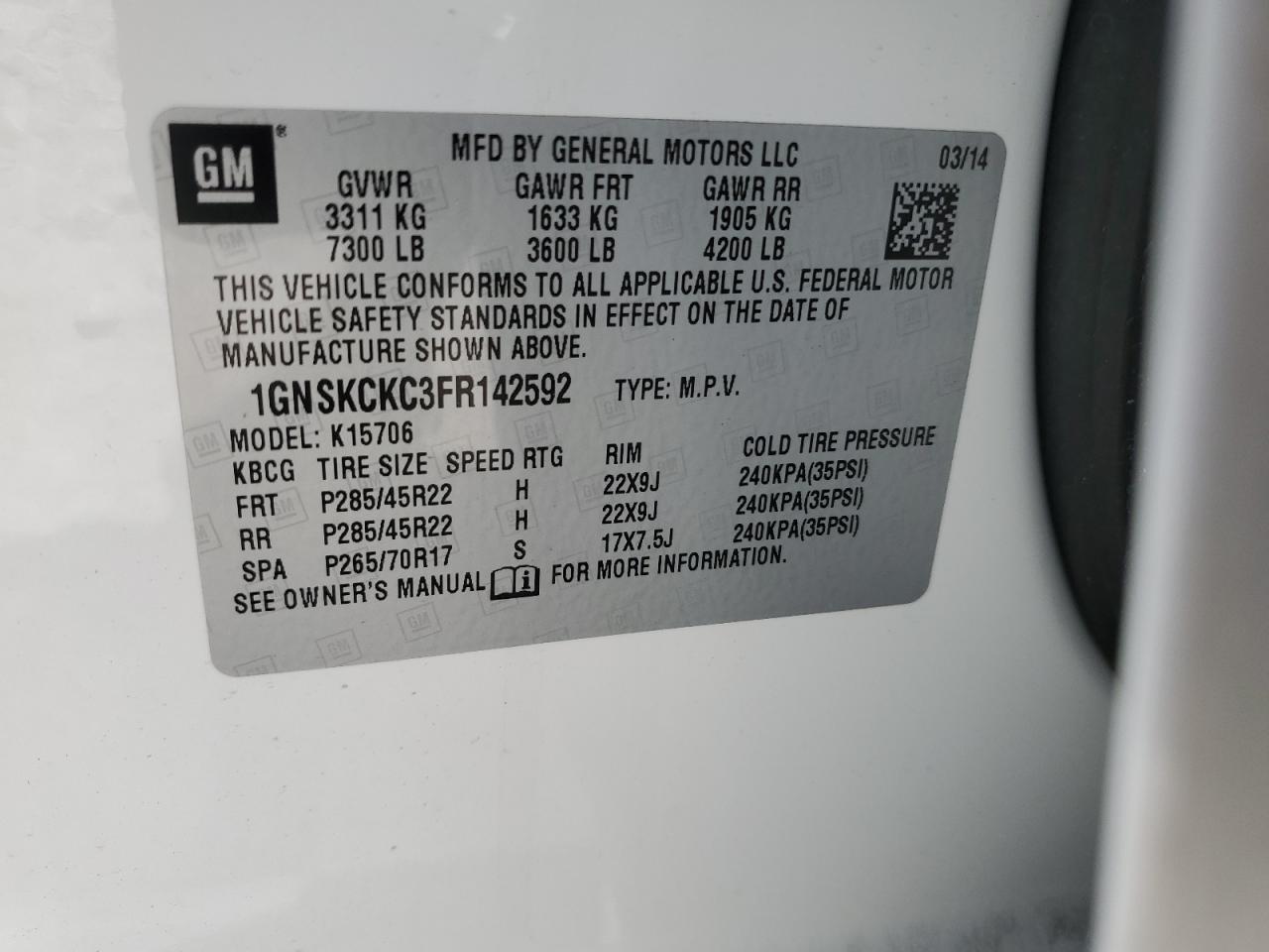 1GNSKCKC3FR142592 2015 Chevrolet Tahoe K1500 Ltz