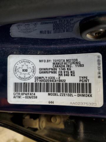 2004 Toyota Corolla Matrix Xr VIN: 2T1KR32E94C816922 Lot: 57296954