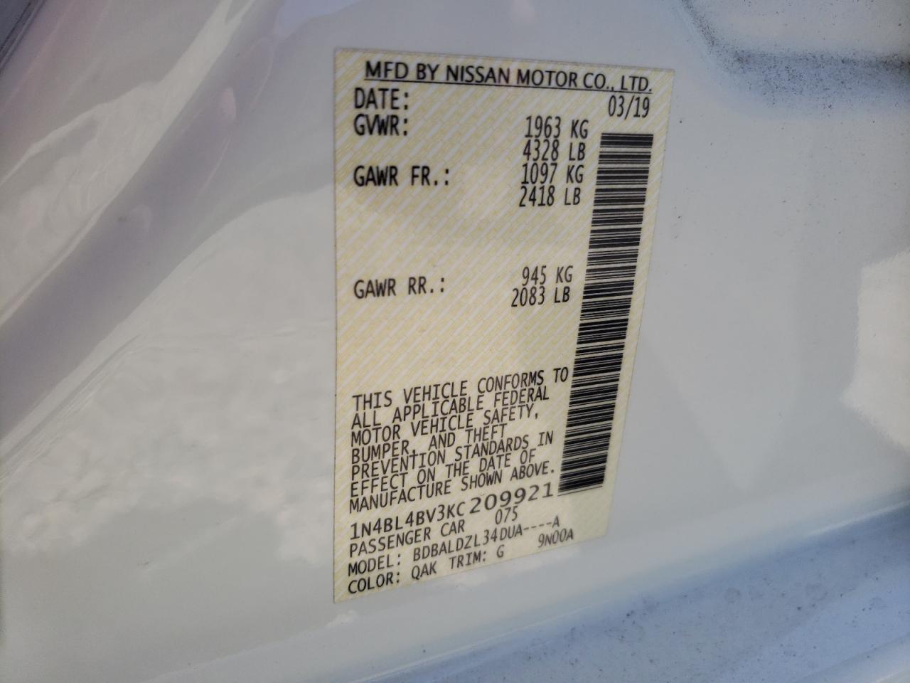 2019 Nissan Altima S vin: 1N4BL4BV3KC209921