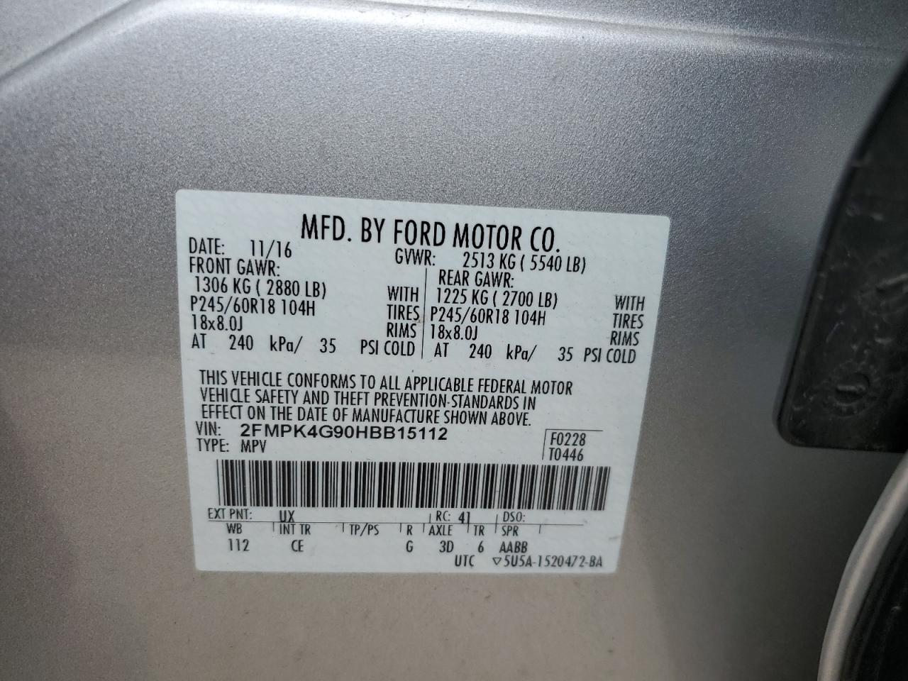 2FMPK4G90HBB15112 FORD EDGE 2017