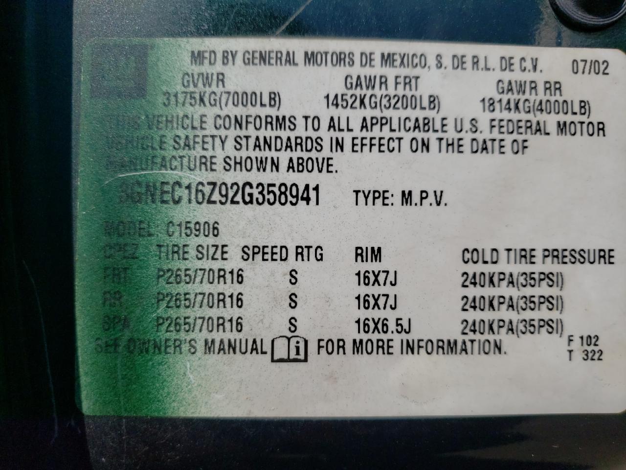 3GNEC16Z92G358941 2002 Chevrolet Suburban C1500