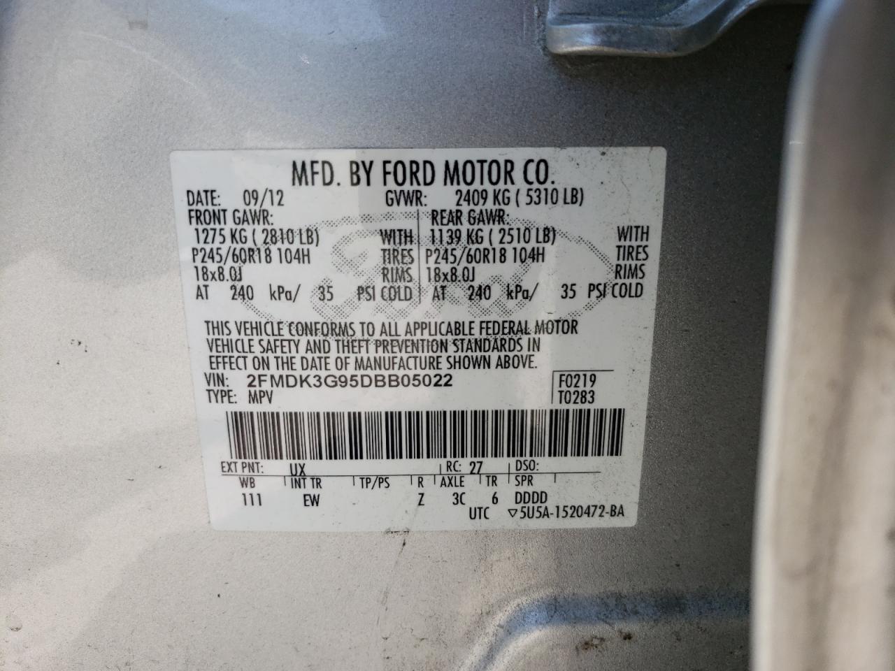 2FMDK3G95DBB05022 2013 Ford Edge Se