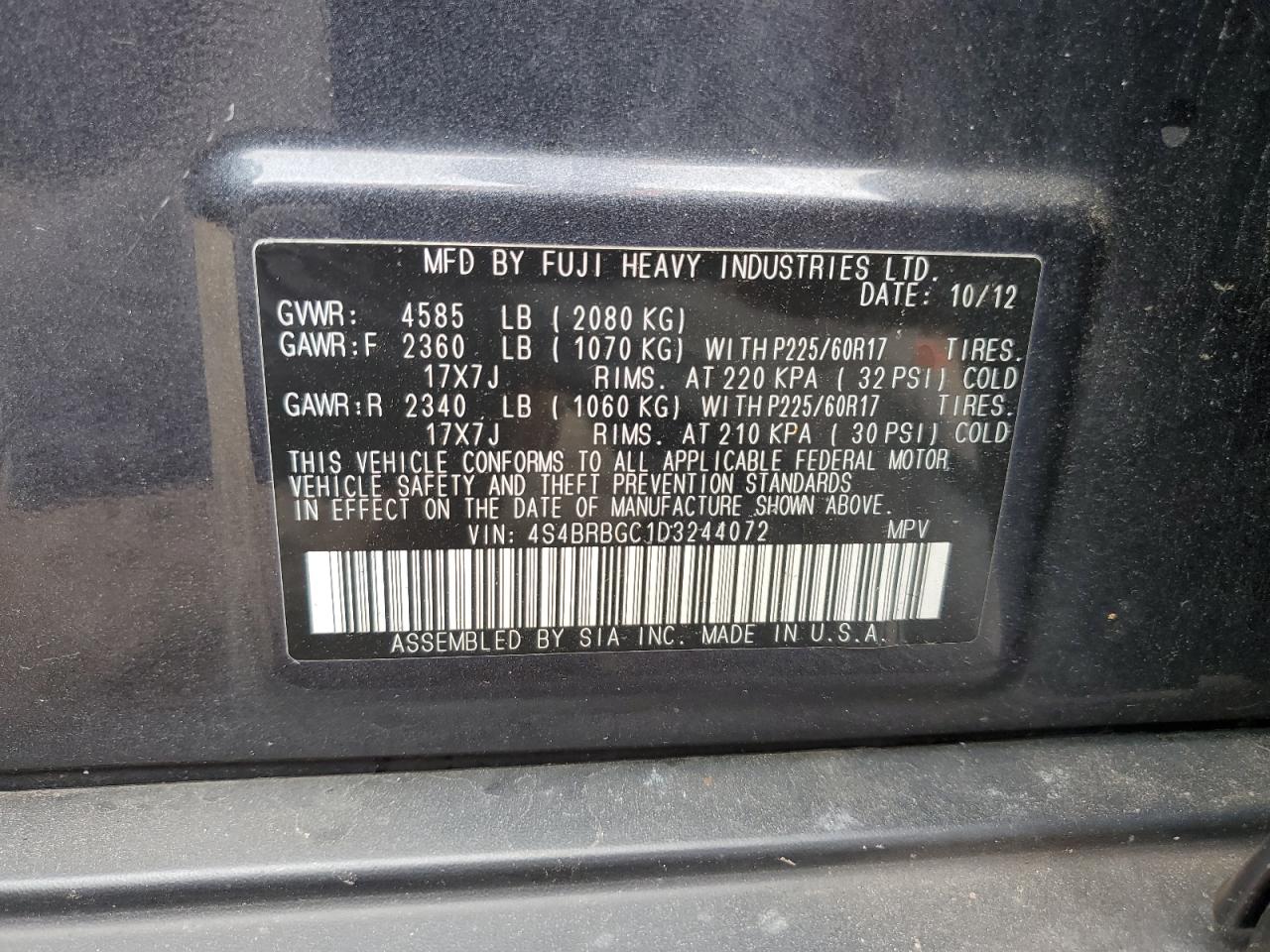 4S4BRBGC1D3244072 2013 Subaru Outback 2.5I Premium