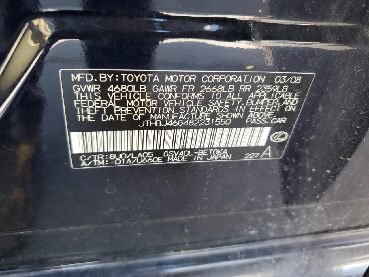 JTHBJ46G482231550 2008 Lexus Es 350