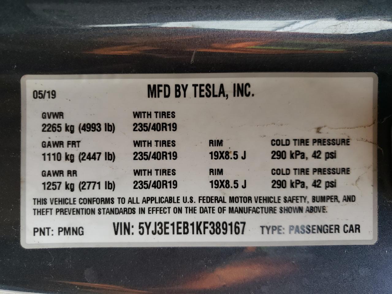 5YJ3E1EB1KF389167 2019 Tesla Model 3