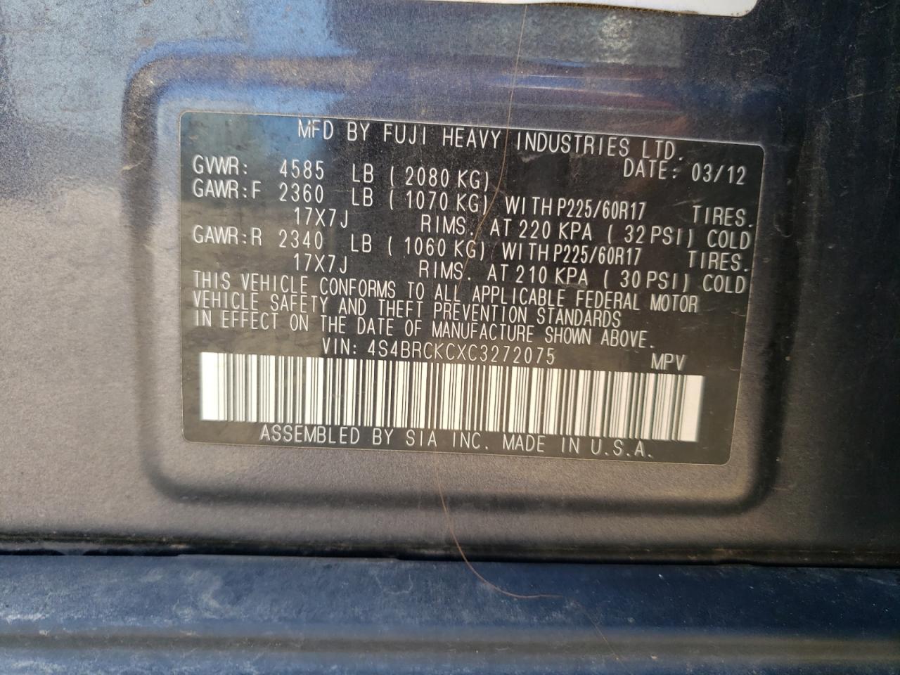 4S4BRCKCXC3272075 2012 Subaru Outback 2.5I Limited