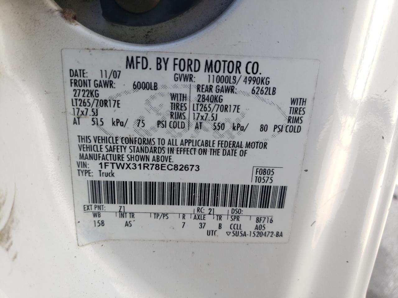 1FTWX31R78EC82673 2008 Ford F350 Srw Super Duty