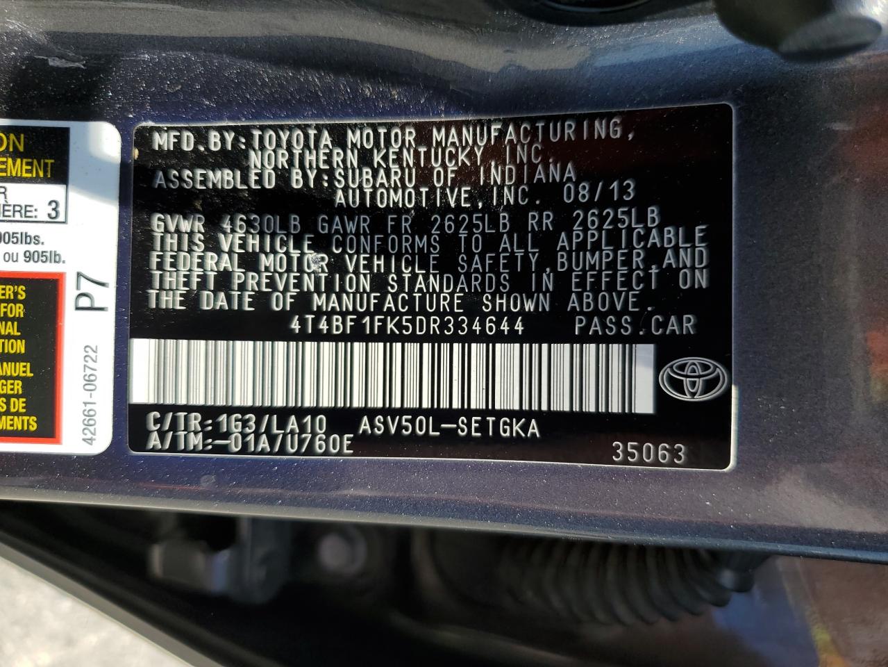 2013 Toyota Camry L vin: 4T4BF1FK5DR334644