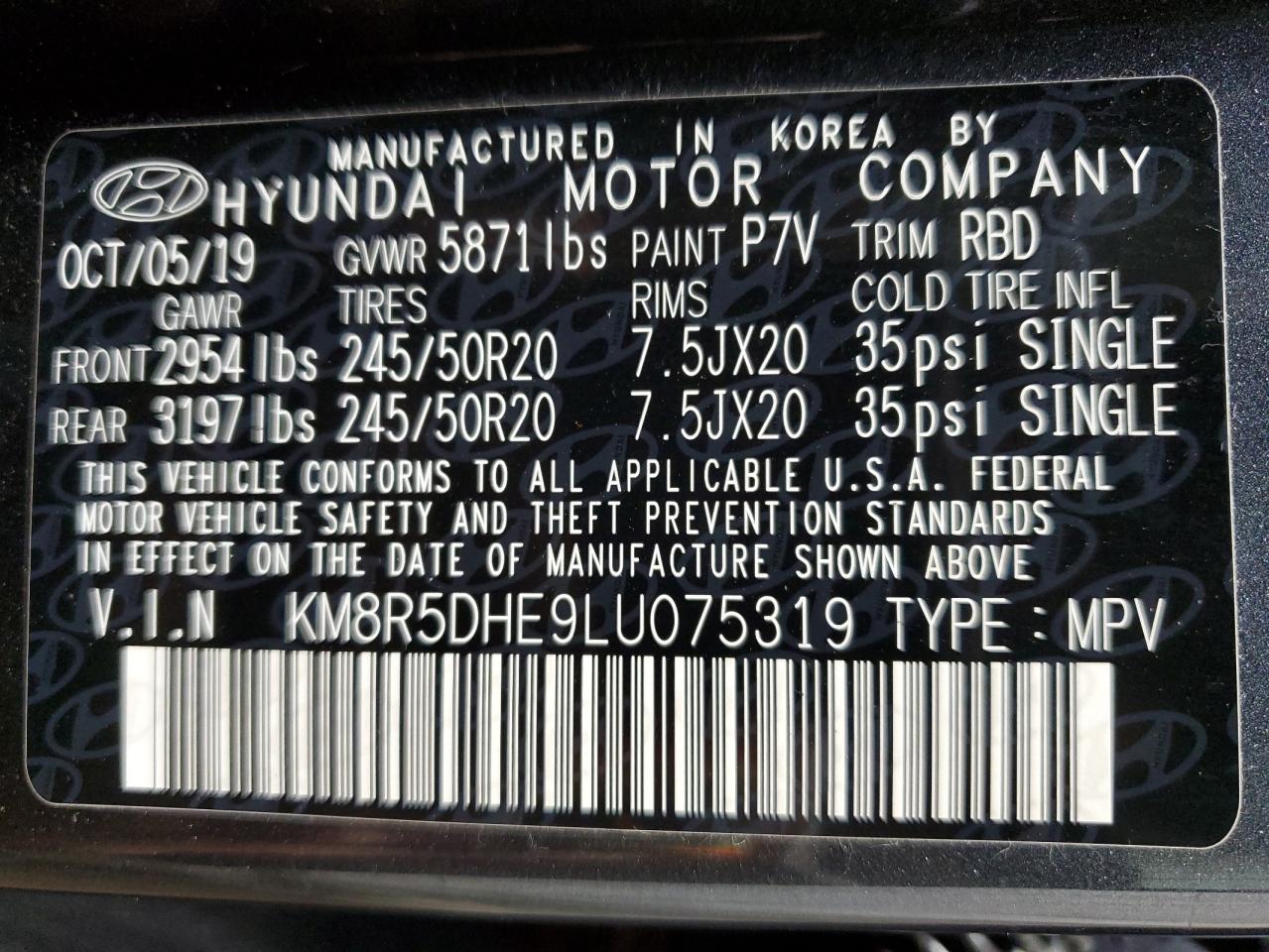 KM8R5DHE9LU075319 2020 Hyundai Palisade Limited