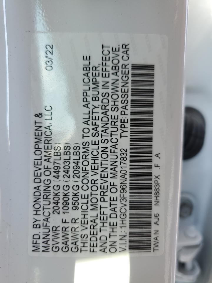 1HGCV3F96NA017832 2022 Honda Accord Touring Hybrid