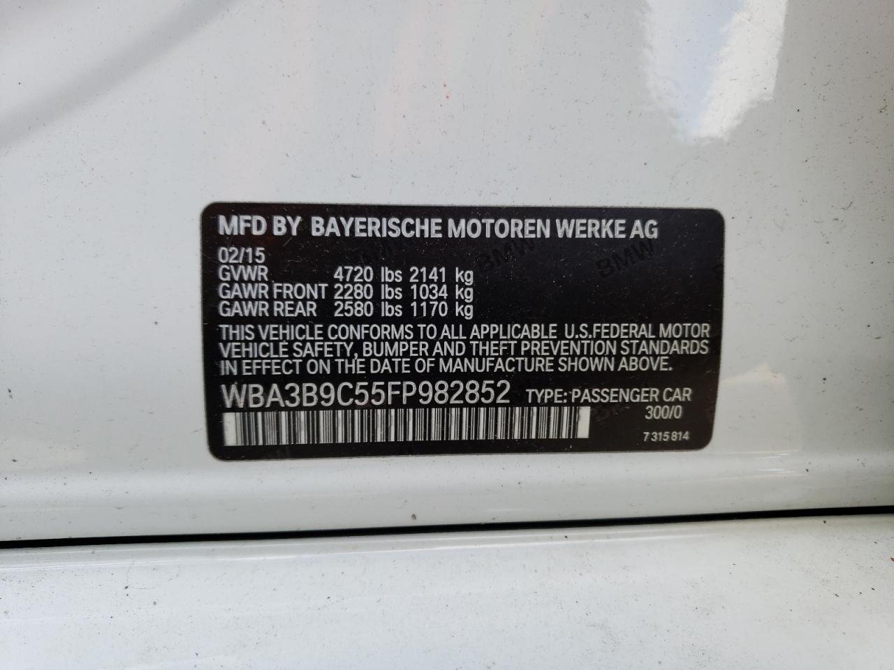 WBA3B9C55FP982852 2015 BMW 335 Xi